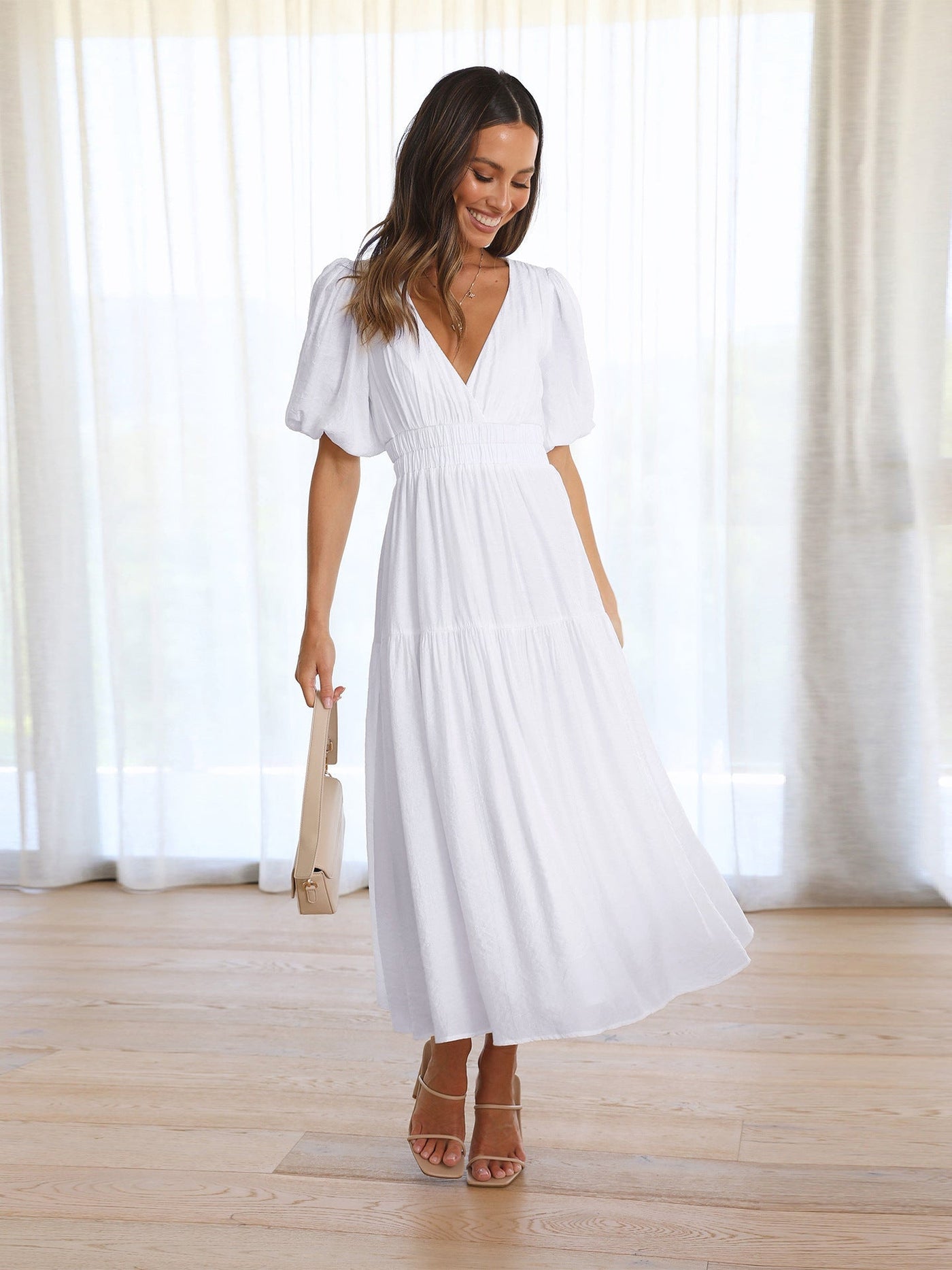 Nora - Casual Puff Sleeve Flowy Tiered Maxi Dress
