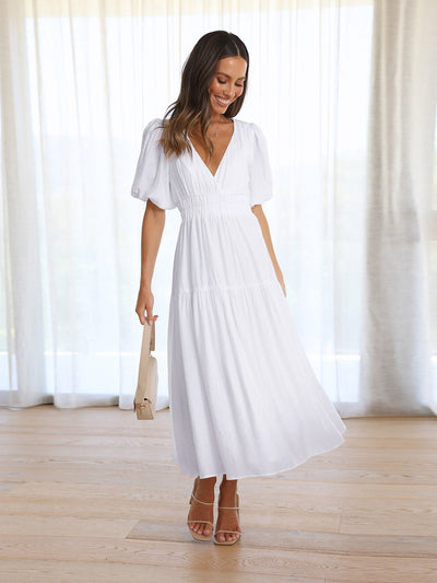 Nora - Casual Puff Sleeve Flowy Tiered Maxi Dress