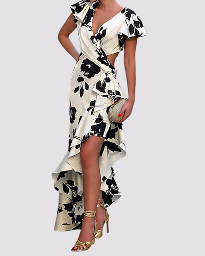 Mia - Flower Printed V Neck Short Ruffles Sleeve Party Dress