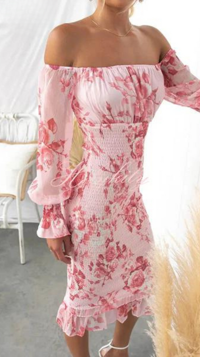 Everly - Bright Floral Off Shoulder Smocked Waist Midi Dress
