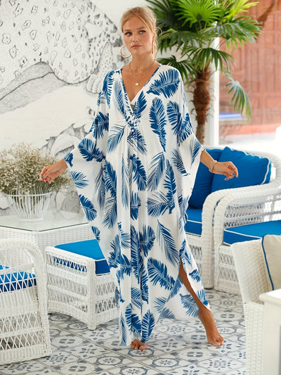 Layla - Casual V-neck Leaf Print Tropical Dress